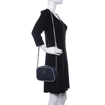 Gucci Vintage Effect Calfskin Matelasse Diagonal Small Torchon GG Marmont Chain Shoulder Bag Blue Agata Mystic White 2 of 10