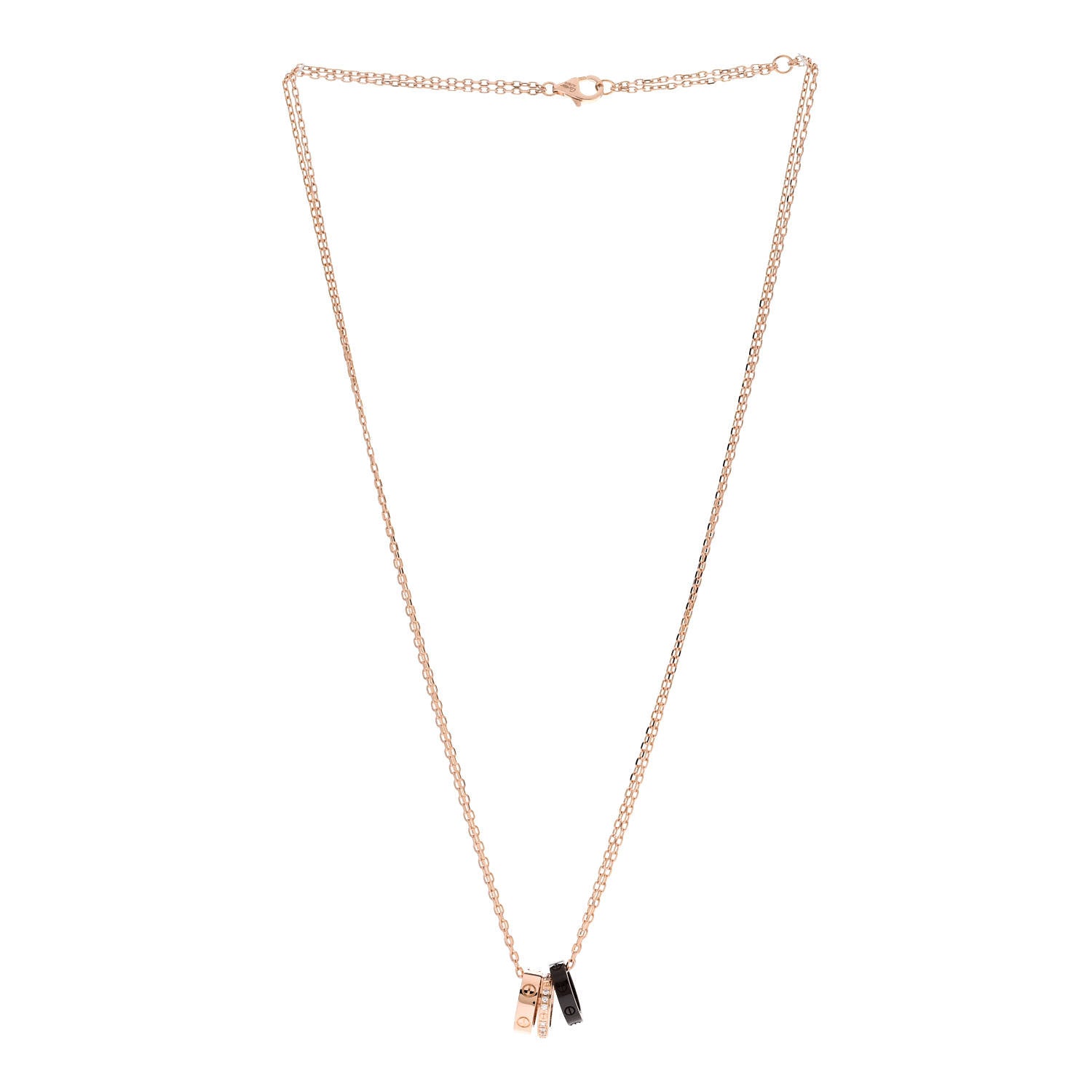 Cartier 18K Pink Gold Ceramic Diamond Three Ring LOVE Pendant Necklace 3 of 5