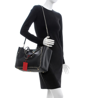 Valentino Garavani Alce Printed Calfskin Medium Rockstud Tote Black 2 of 7