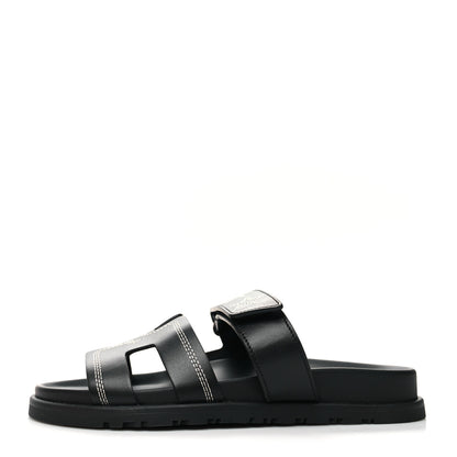 Hermes Calfskin Womens Embroidered Chypre Sandals 37 Black 1 of 8