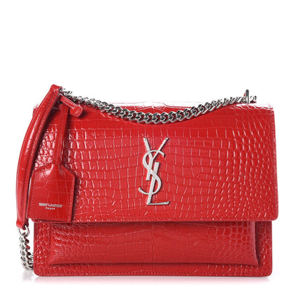 Saint Laurent Calfskin Crocodile Embossed Medium Monogram Sunset Rouge Eros 1 of 9