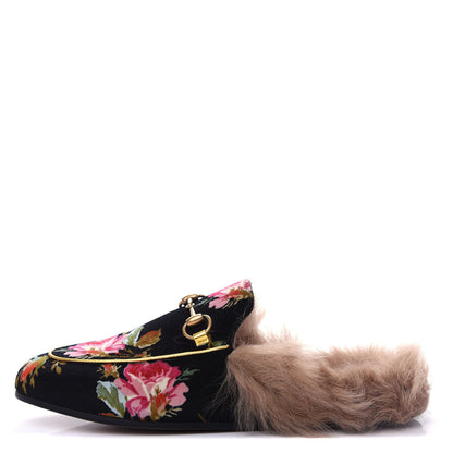 Gucci Velvet Fur Floral Womens Princetown Slippers 37 Black 1 of 10