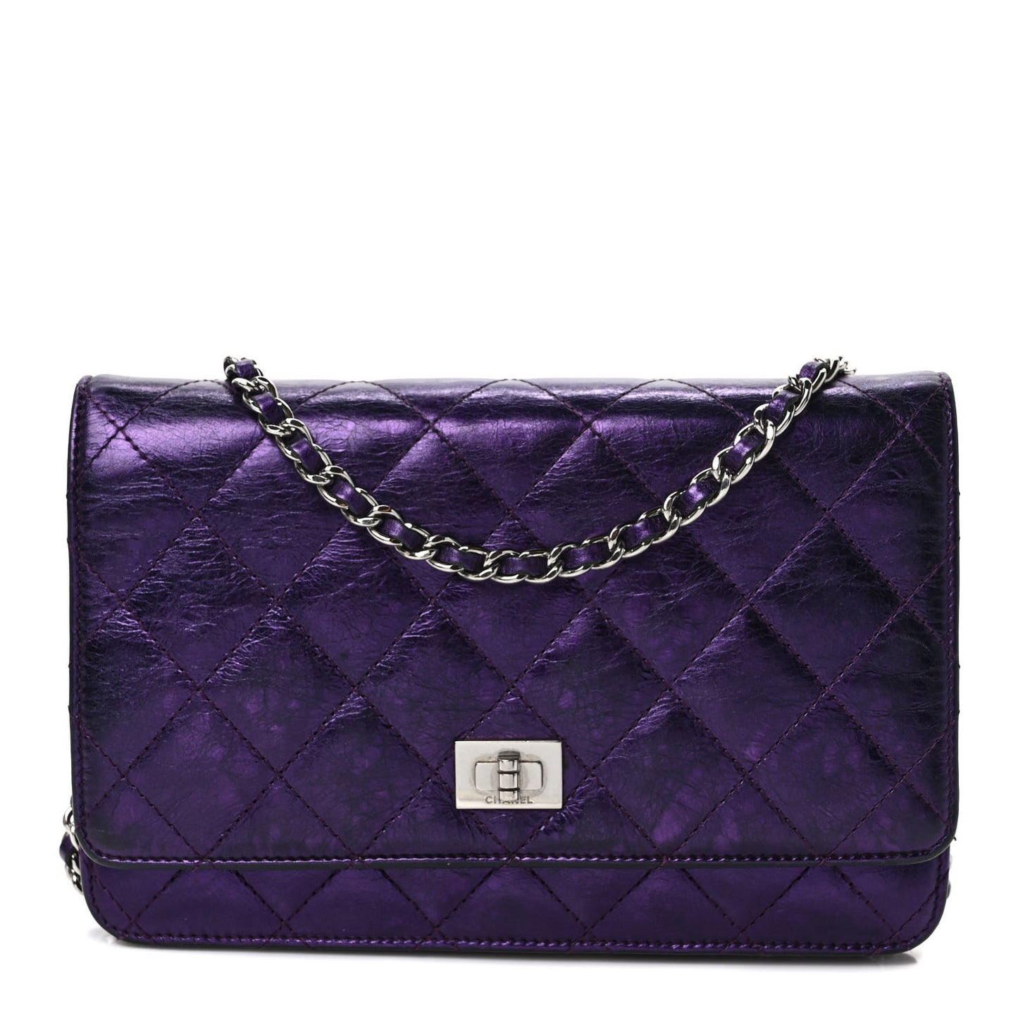 Metallic Aged Calfskin Quilted 2.55 Reissue Wallet on Chain WOC Purple