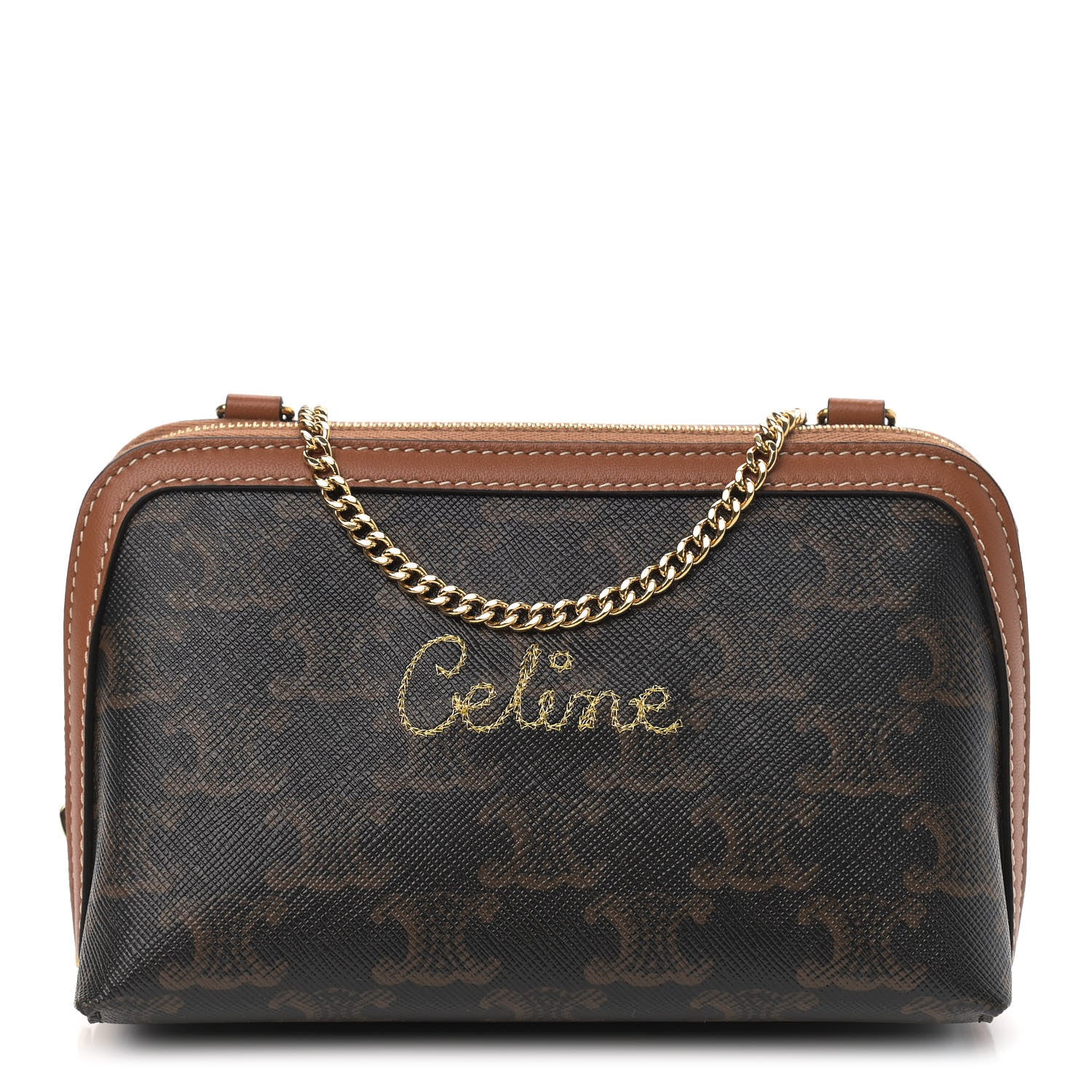 Celine Lambskin Triomphe Canvas Embroidered Logo Clutch With Chain Tan 1 of 9