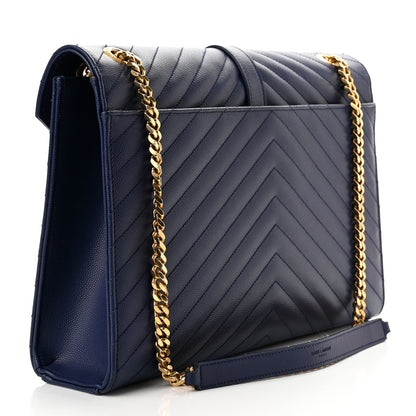 Saint Laurent Grain De Poudre Matelasse Chevron Large Monogram Satchel Navy Blue 3 of 10