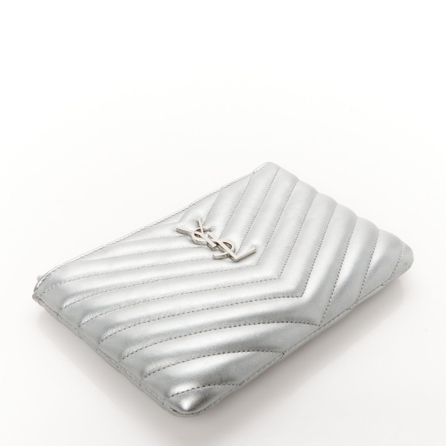 Metallic Calfskin Matelasse Chevron Monogram Pouch Silver