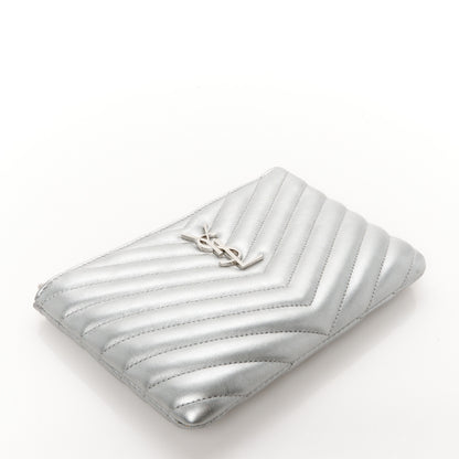 Saint Laurent Metallic Calfskin Matelasse Chevron Monogram Pouch Silver 4 of 9