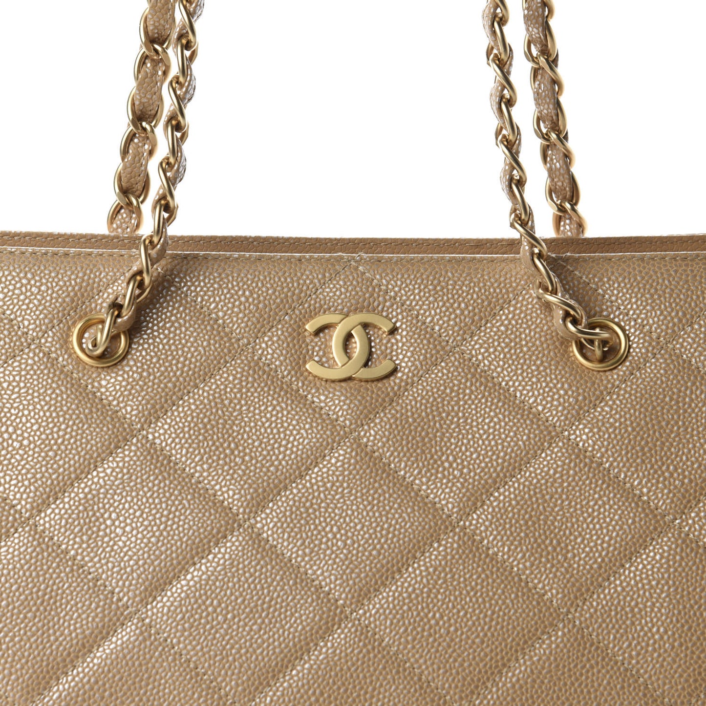 Metallic Caviar Quilted Shopping Tote Beige