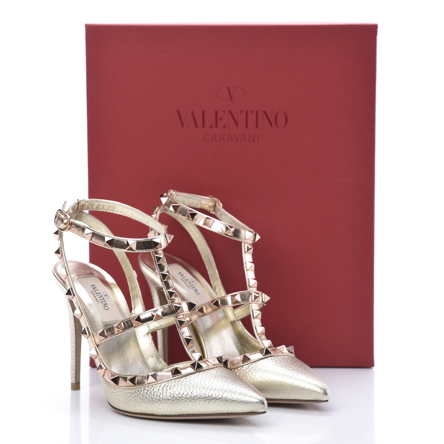 Metallic Pebbled Calfskin Rockstud Ankle Strap 100mm Pumps 37 Rame Sahara