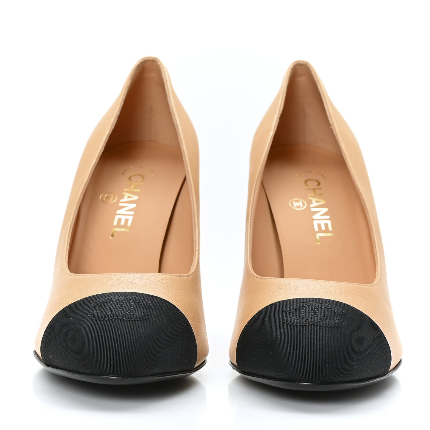 Lambskin Grosgrain Pearl Cap Toe Pumps 40 Beige Black