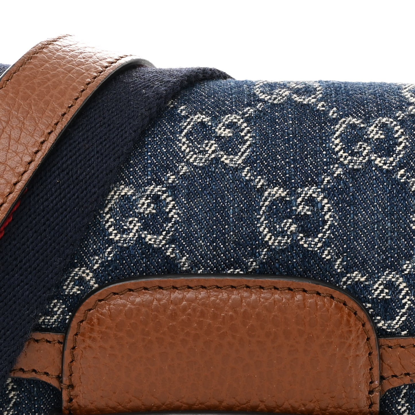 New Denim GG Monogram Dollar Calfskin Web Mini Horsebit 1955 Shoulder Bag Blue Tea Cuir Epilog