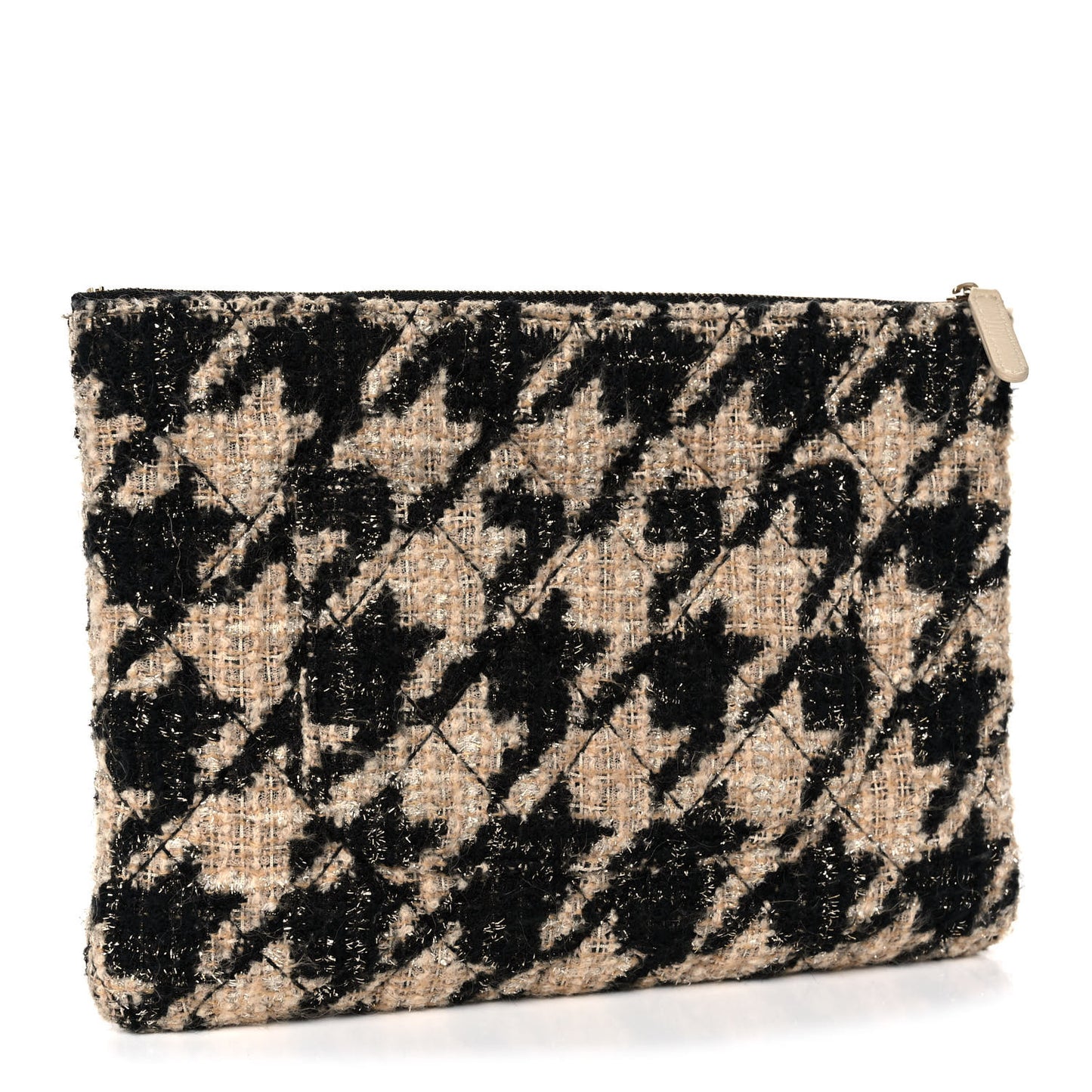Tweed Shearling Quilted Chanel Cosmetic Pouch Beige Black