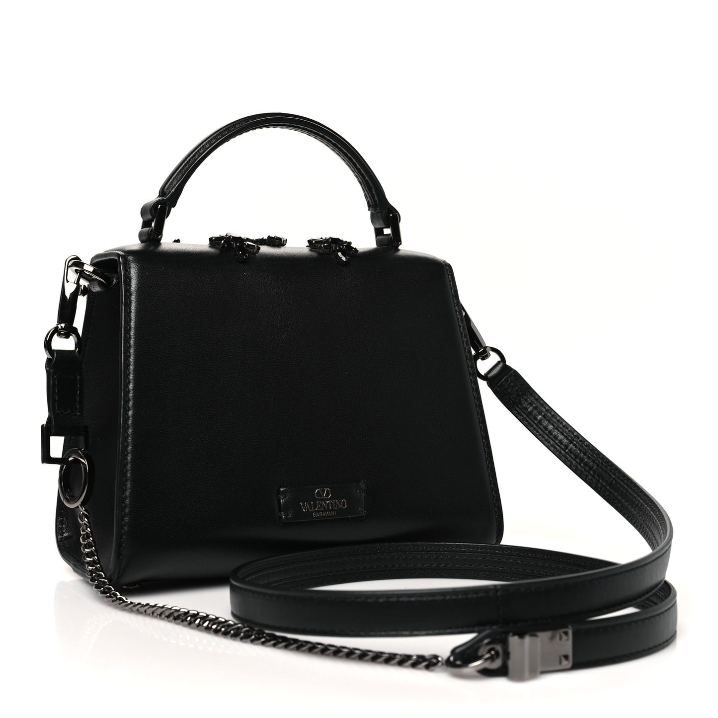 Calfskin Crystal Embroidered Mini Vsling Top Handle Bag Black
