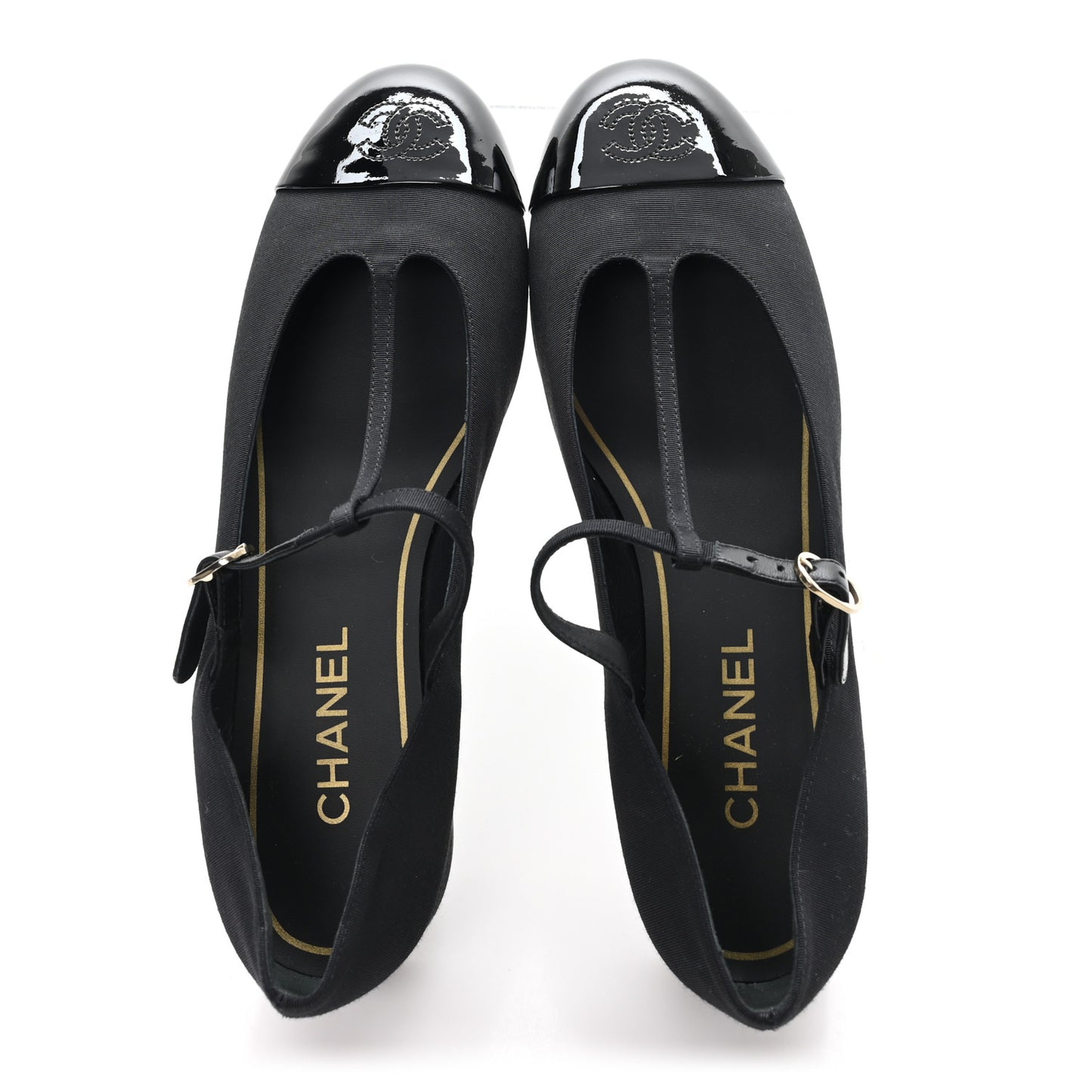 Grosgrain Patent Calfskin Cap Toe T Strap CC Flats 41 Black