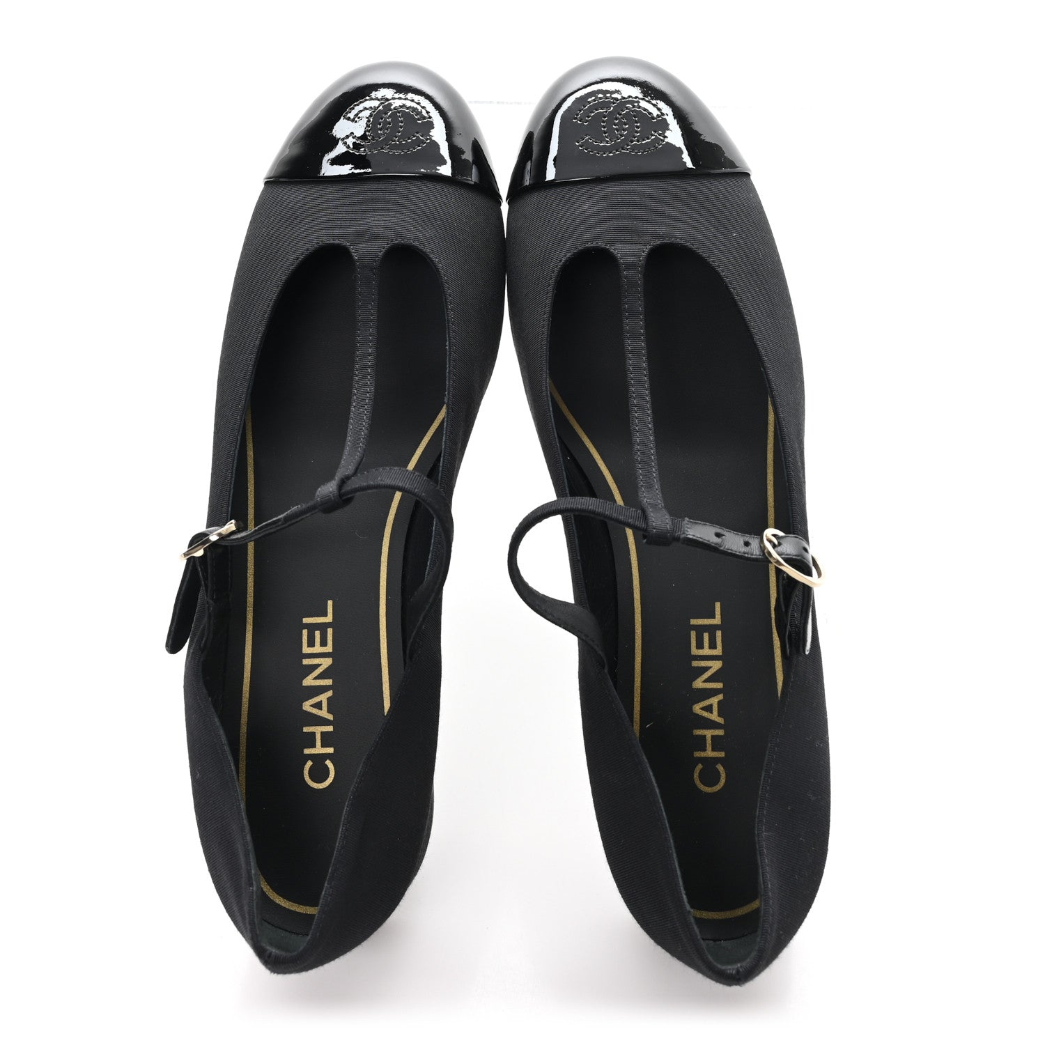 Chanel Grosgrain Patent Calfskin Cap Toe T Strap CC Flats 41 Black 2 of 9
