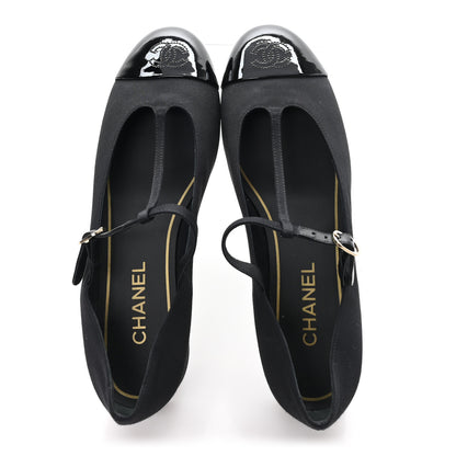 Chanel Grosgrain Patent Calfskin Cap Toe T Strap CC Flats 41 Black 2 of 9