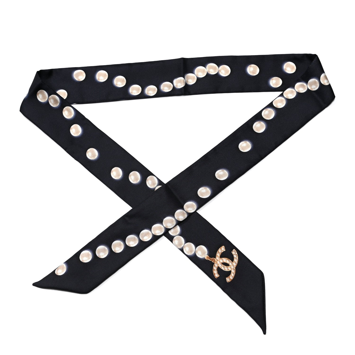 Chanel Silk Pearl CC Slim Bandeau Scarf Navy 1 of 3