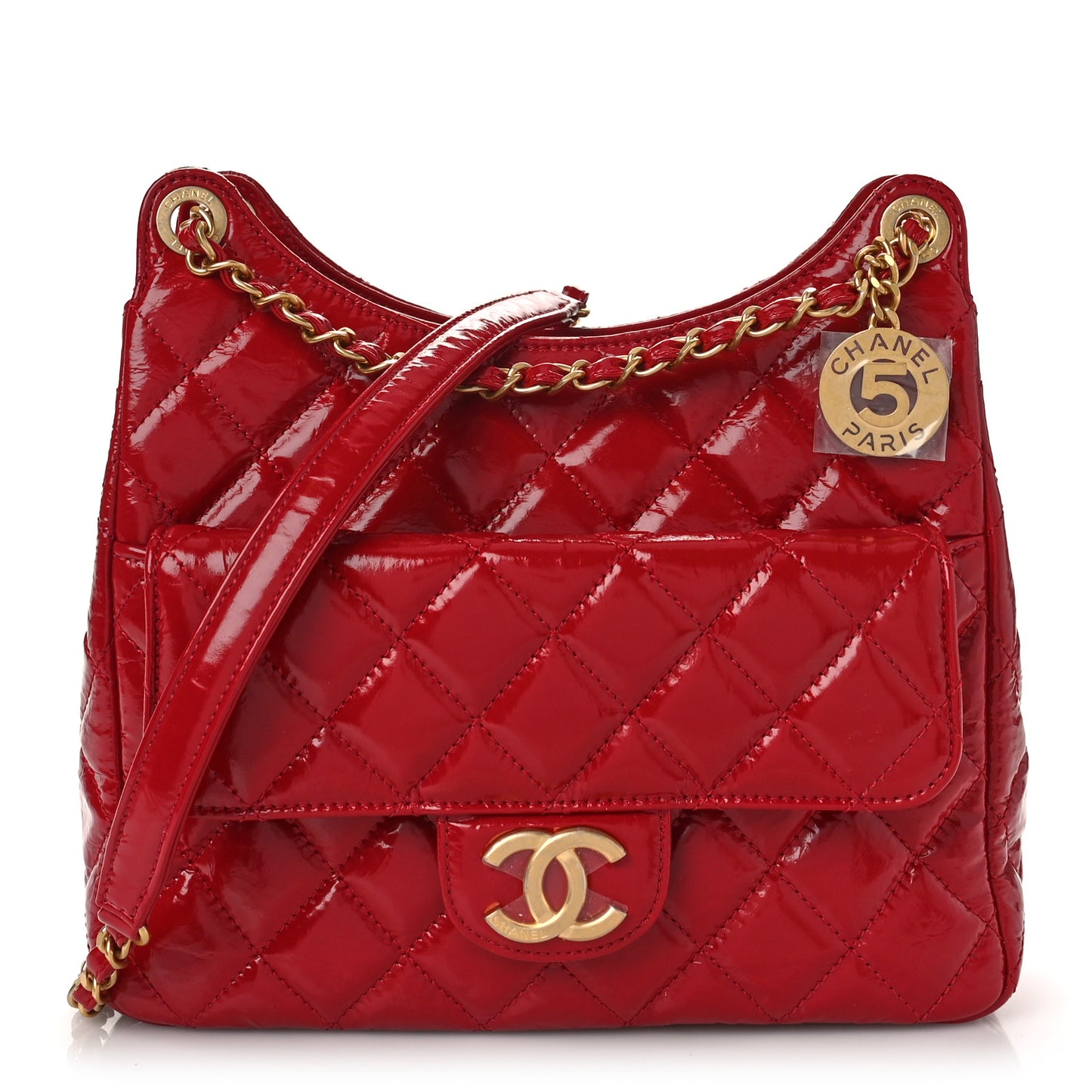 Shiny Crumpled Calfskin Quilted Wavy CC Hobo Red
