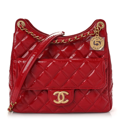 Chanel Shiny Crumpled Calfskin Quilted Wavy CC Hobo Red 1 of 9
