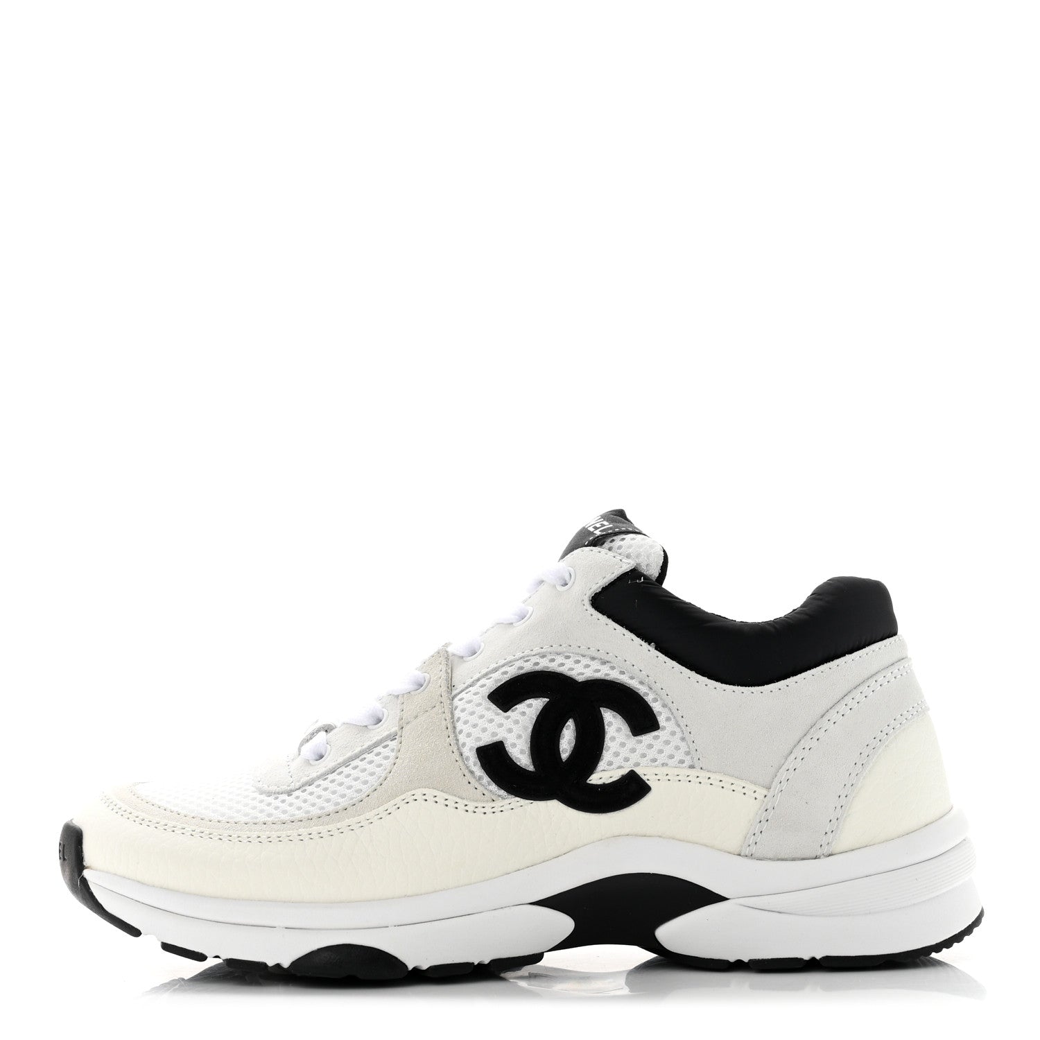 Chanel Mesh Suede Calfskin Grained Calfskin Womens CC Sneakers 37.5 White Black 1 of 7