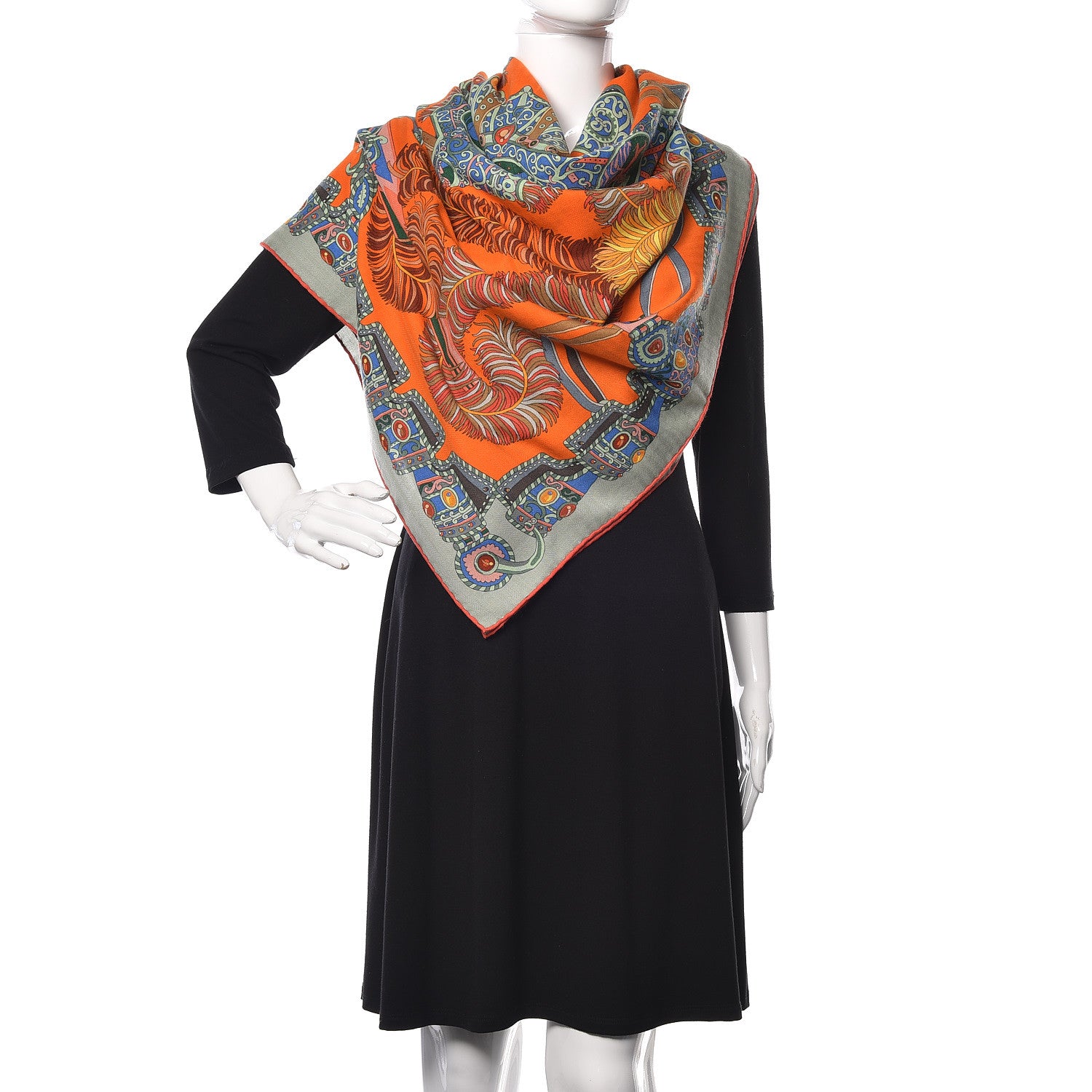 Hermes Cashmere Silk Sous L'Egide De Mars Shawl 140 Orange Bronze Bleu 2 of 6