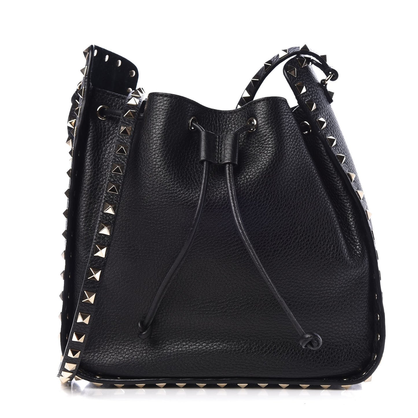 Grained Calfskin Rockstud Bucket Bag Black
