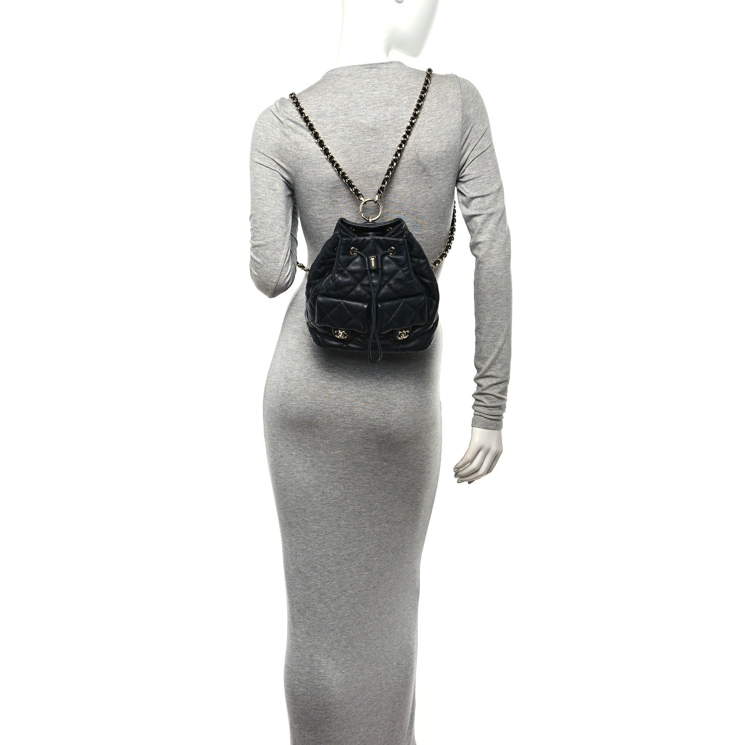 Chanel Lambskin Quilted Double Pocket Drawstring Backpack Black 2 of 11