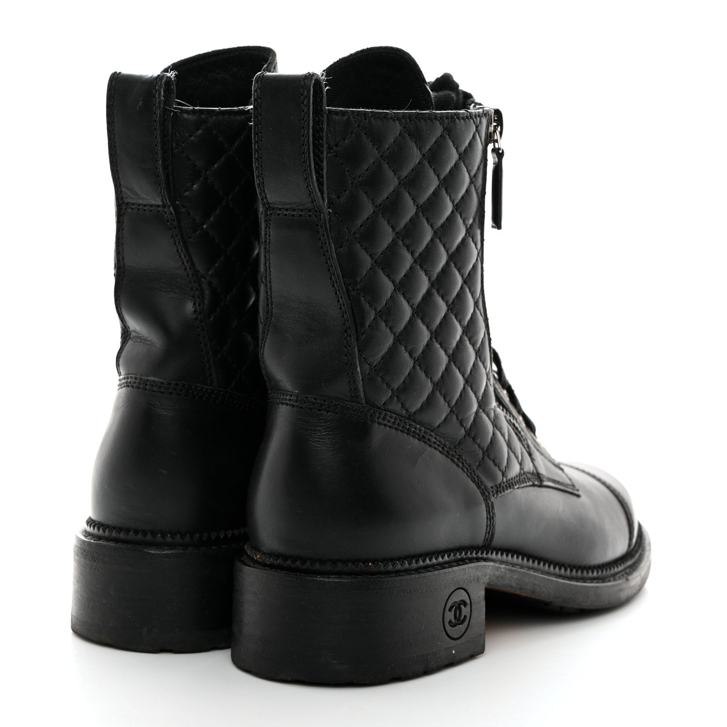 Calfskin Quilted Lace Up Combat Boots 37 Black