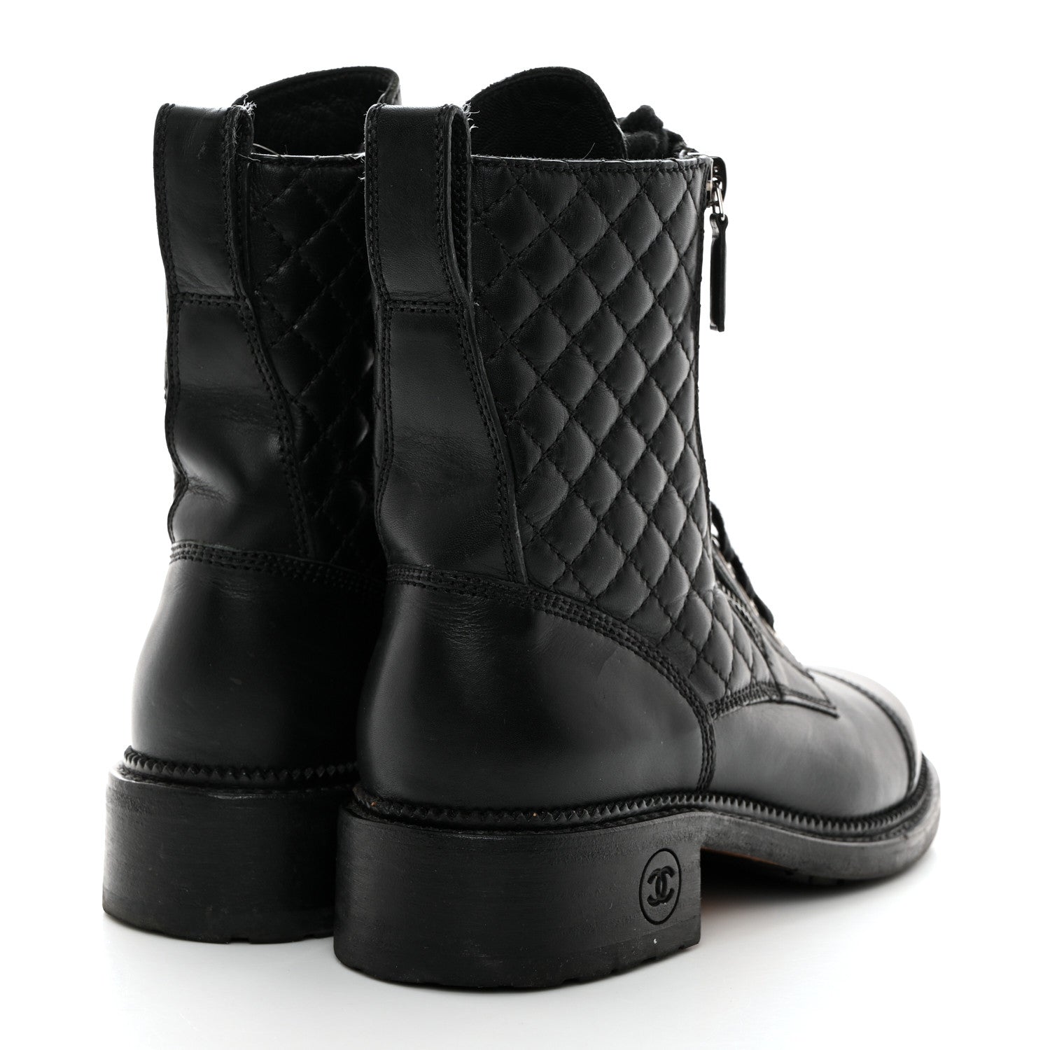 Chanel Calfskin Quilted Lace Up Combat Boots 37 Black 4 of 9