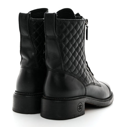 Chanel Calfskin Quilted Lace Up Combat Boots 37 Black 4 of 9