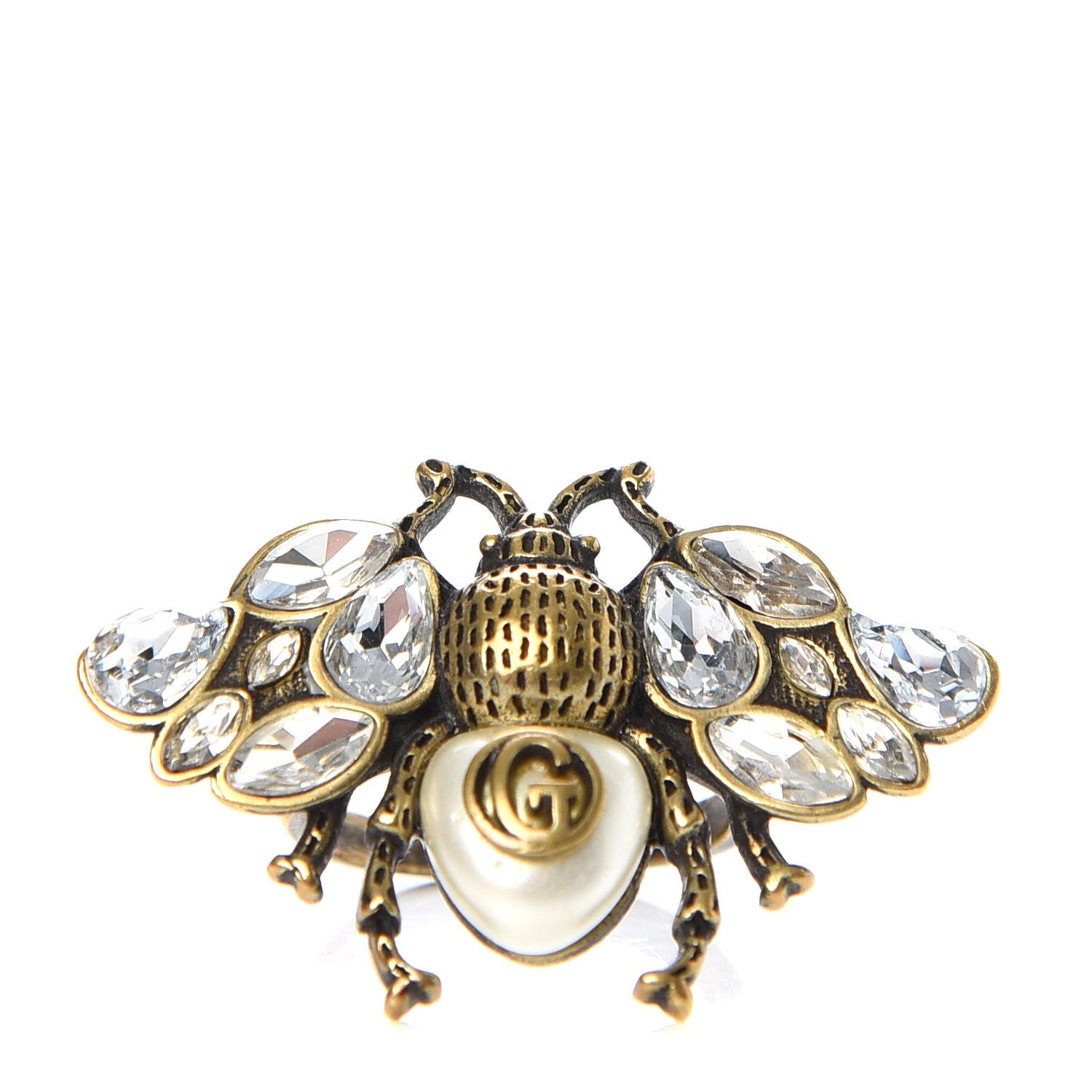 Gucci Metal Crystal Pearl Bee Ring 6 Aged Gold 1 of 5