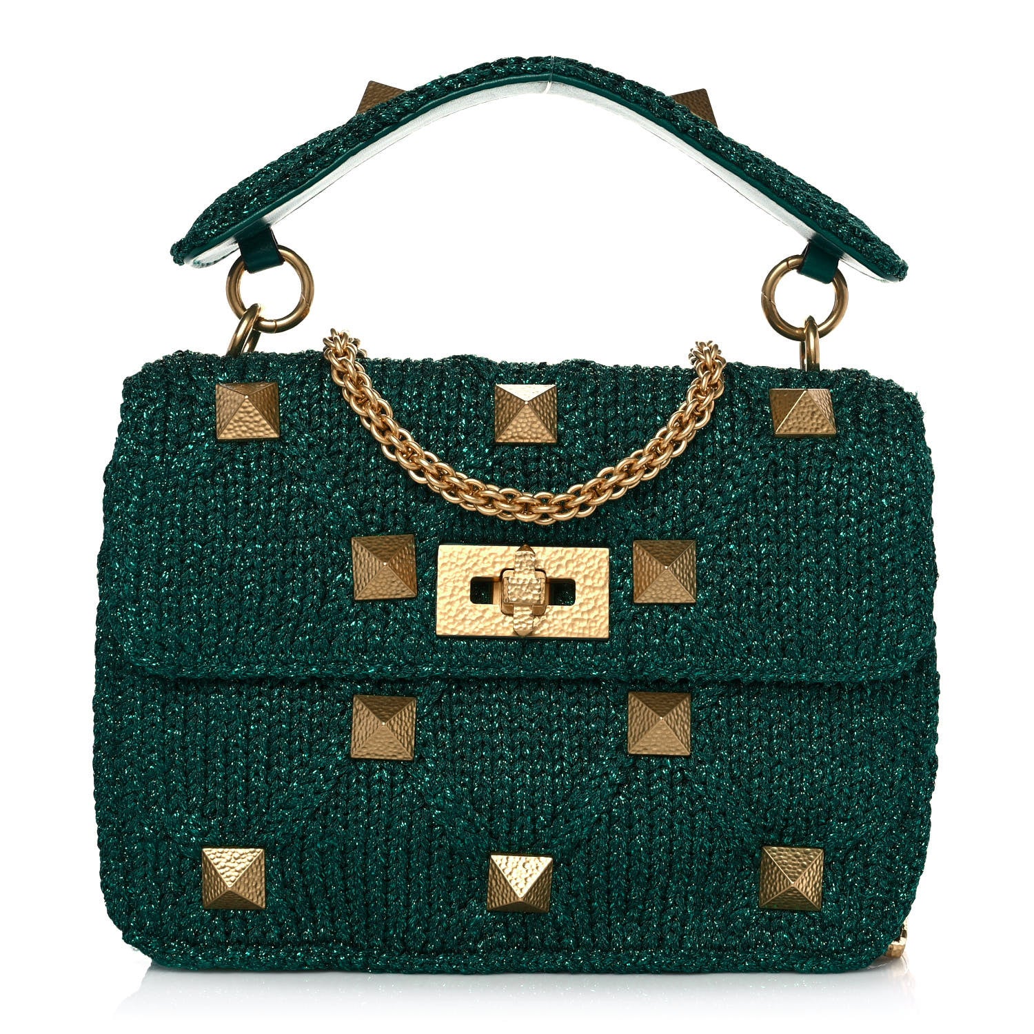 Valentino Garavani Metallic Woven Lurex Medium Roman Stud Shoulder Bag Jungle 1 of 8
