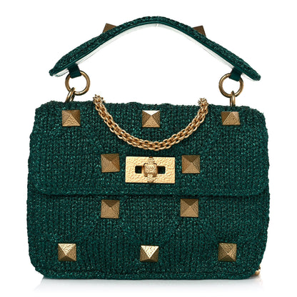 Valentino Garavani Metallic Woven Lurex Medium Roman Stud Shoulder Bag Jungle 1 of 8