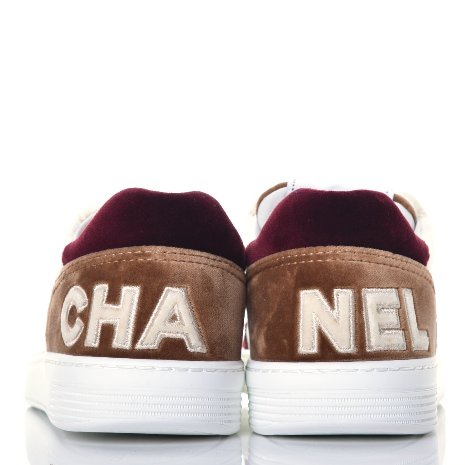 Chanel Calfskin Velvet Womens Logo Sneakers 38 White Beige Burgundy 5 of 10