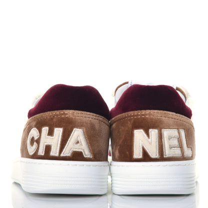 Chanel Calfskin Velvet Womens Logo Sneakers 38 White Beige Burgundy 5 of 10