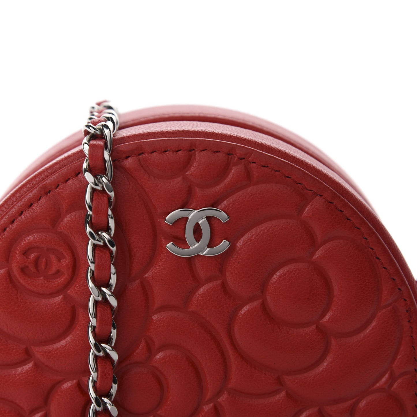 Goatskin Camellia Quilted Round Clutch With Chain Red