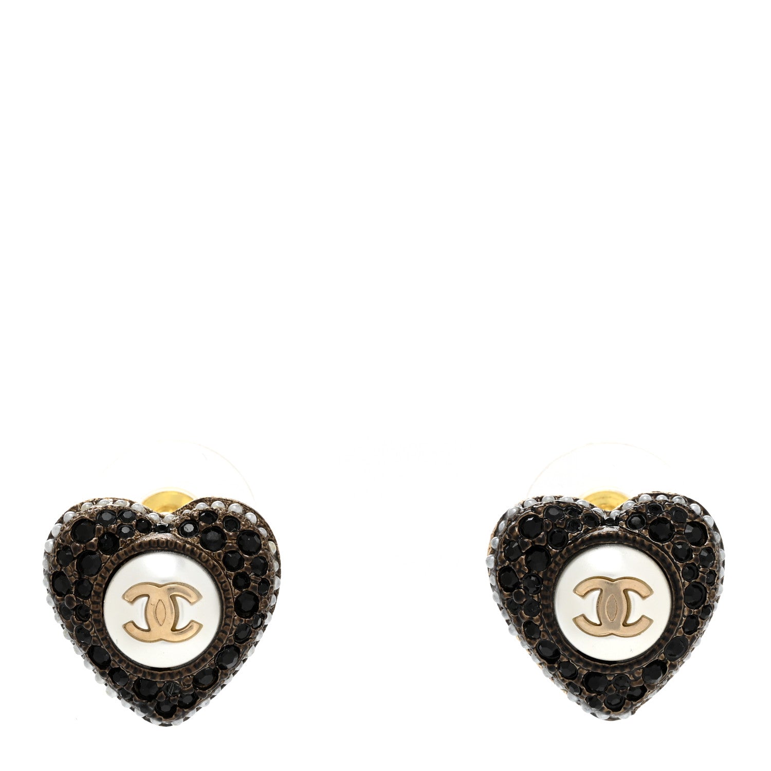 Chanel Pearl Crystal CC Heart Earrings Gold Black 1 of 4