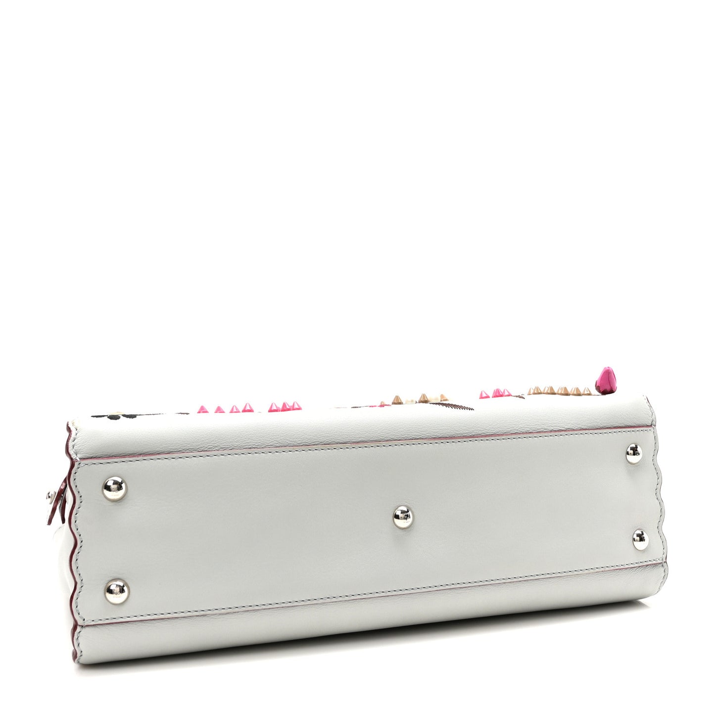 Vitello Seta Shiny Nappa Pearl Scalloped Studded Floral Embroidered Medium Peekaboo Iconic Satchel Grigio Perla Multicolor