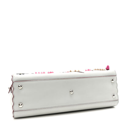 Fendi Vitello Seta Shiny Nappa Pearl Scalloped Studded Floral Embroidered Medium Peekaboo Iconic Satchel Grigio Perla Multicolor 4 of 9