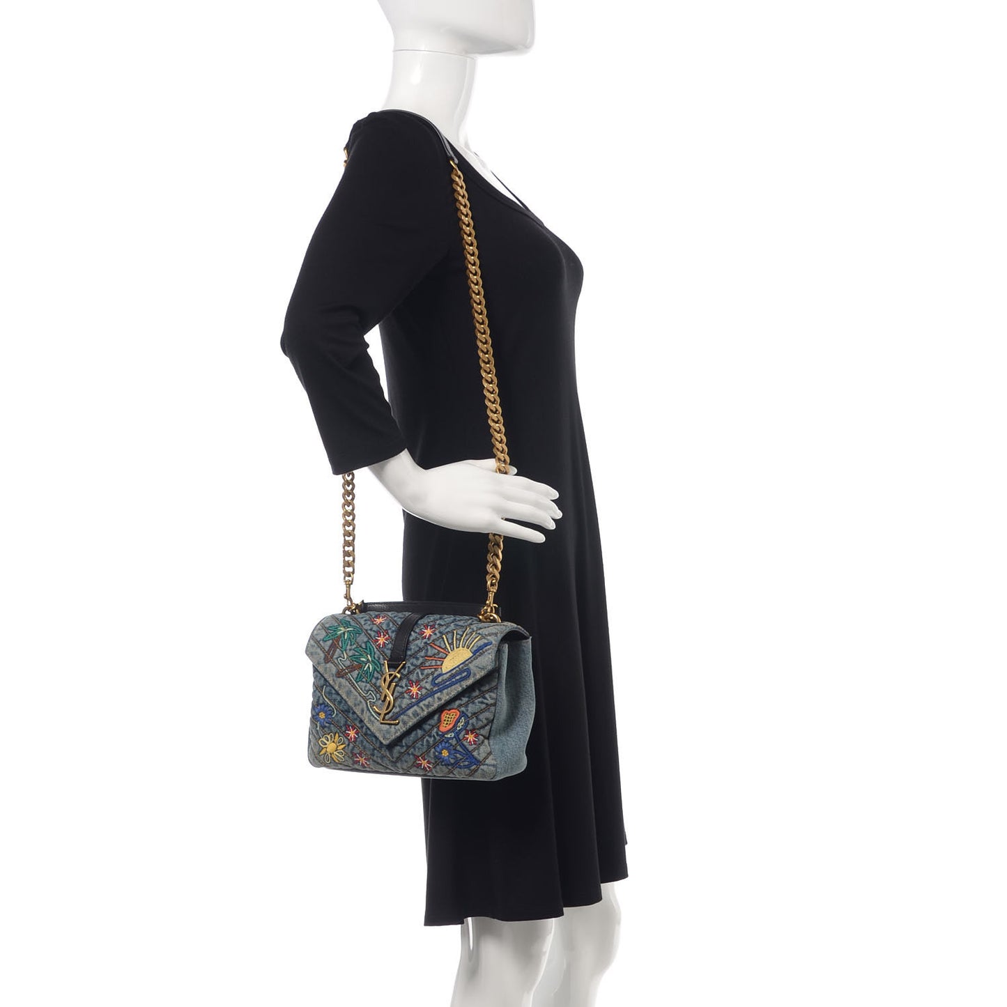 Denim Matelasse Chevron Summer Embroidered Monogram Medium College Bag Blue