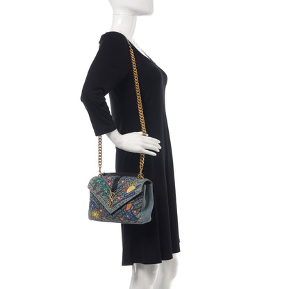 Saint Laurent Denim Matelasse Chevron Summer Embroidered Monogram Medium College Bag Blue 2 of 12