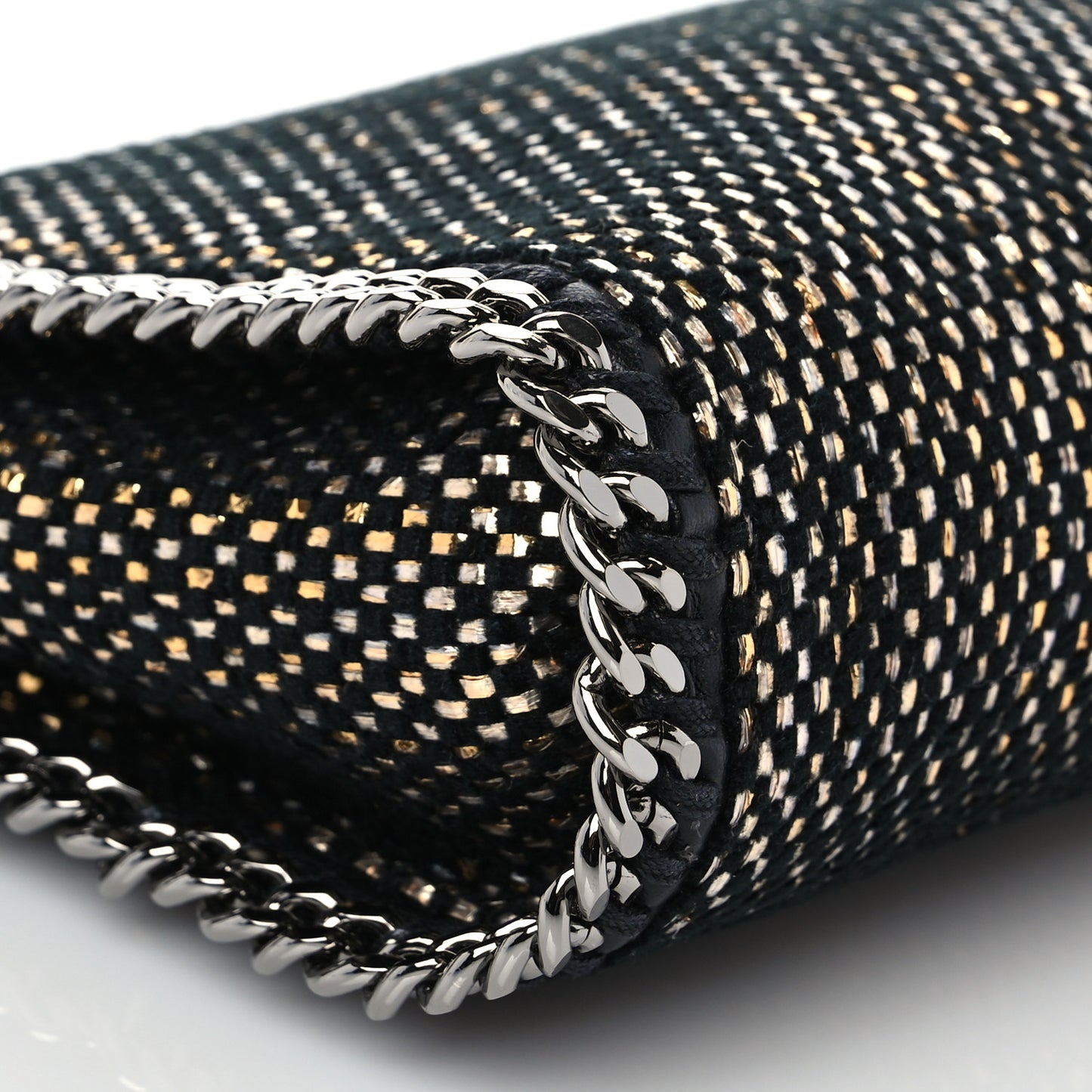 Metallic Woven Raffia Tiny Fold Over Falabella Black Gold
