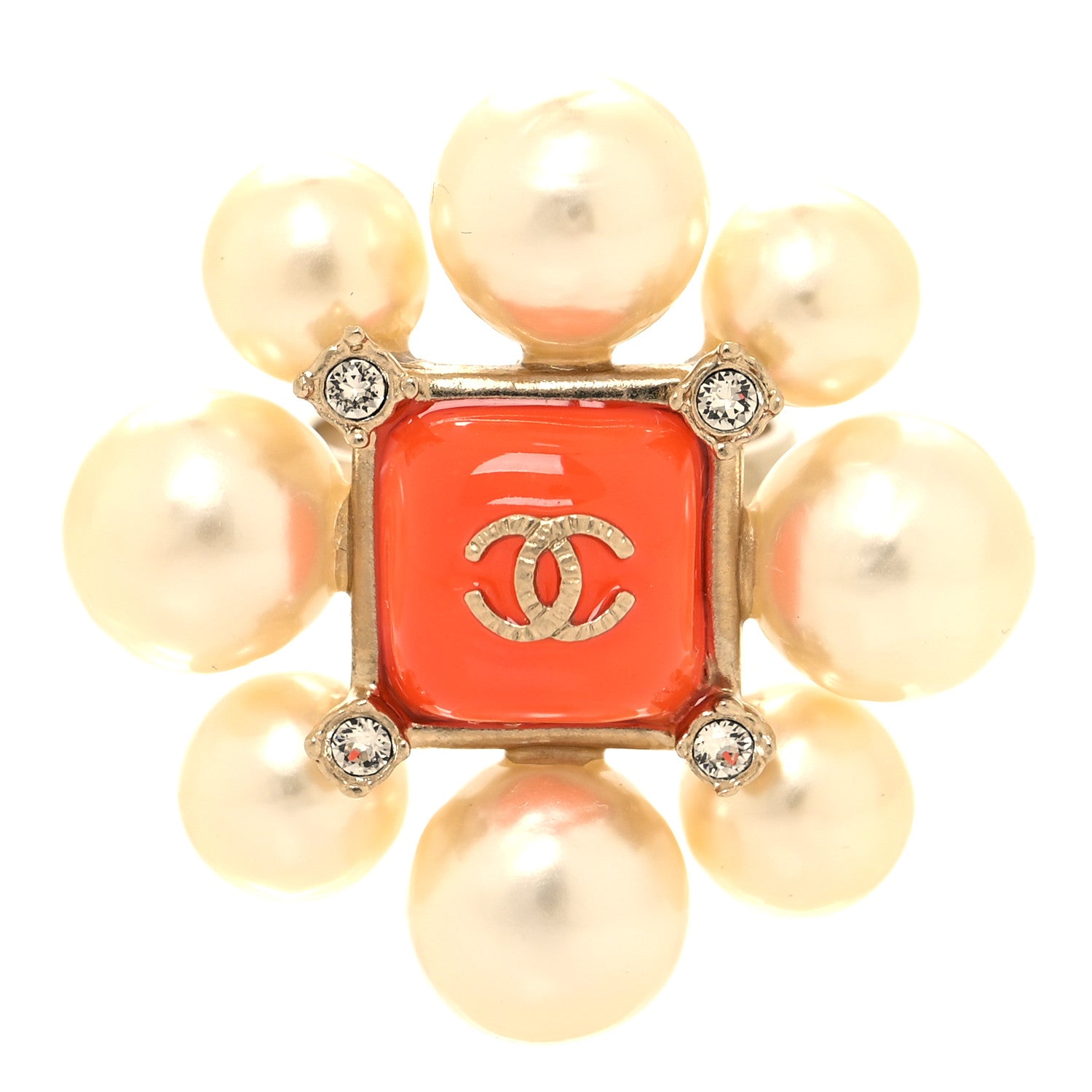 Chanel Pearl Crystal CC Ring 52 6 Orange Gold 1 of 4