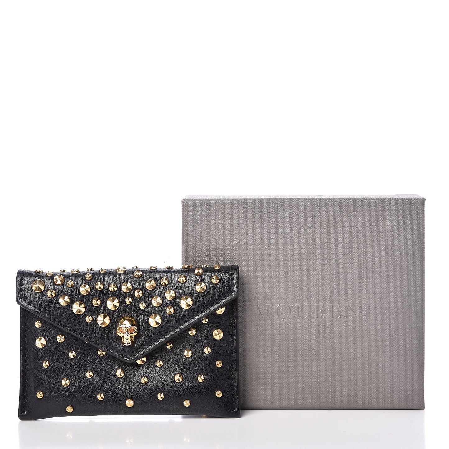 Calfskin Studded Skull Envelope Card Holder Black
