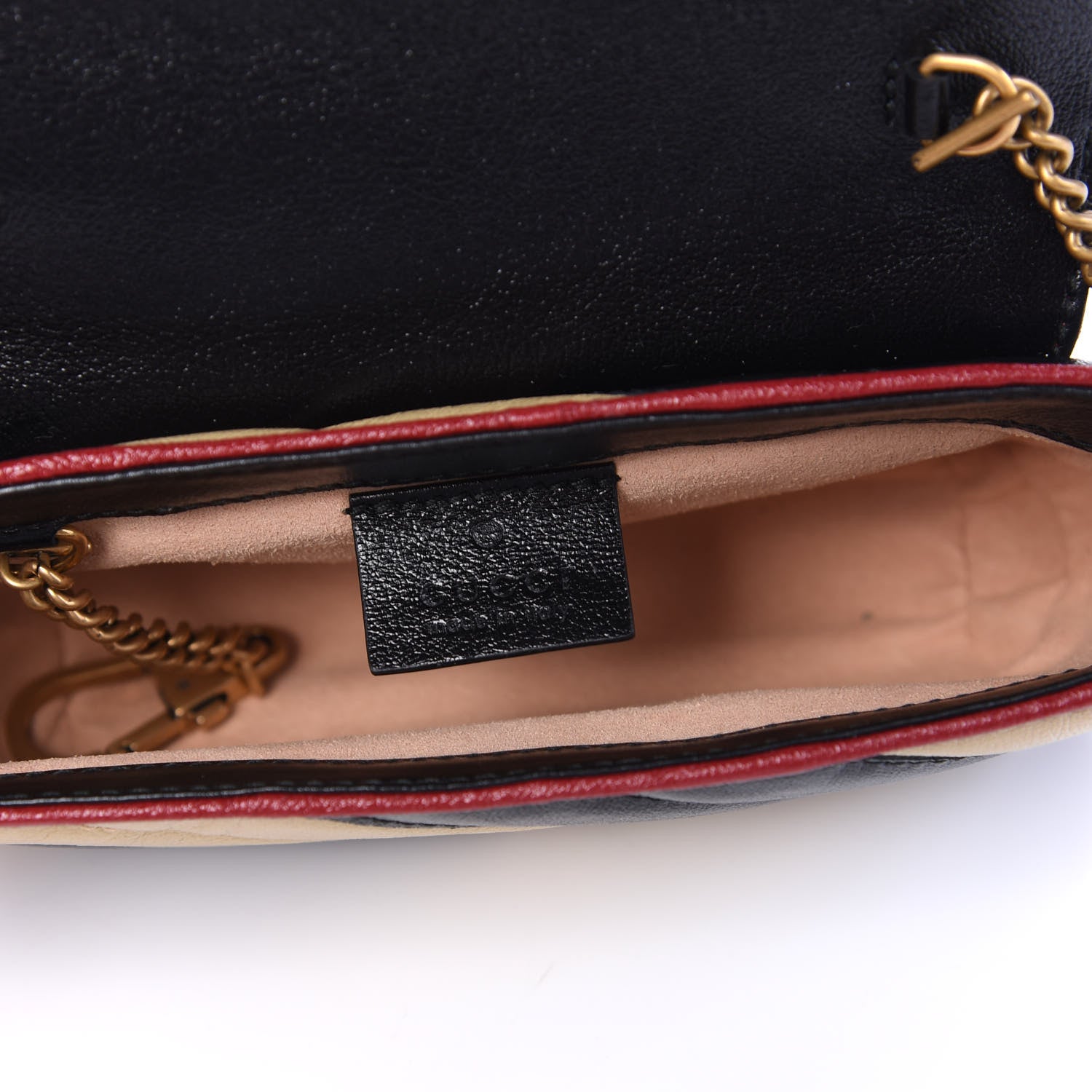 Gucci Vintage Effect Calfskin Matelasse Diagonal Striped Super Mini Torchon GG Marmont Shoulder Bag Black Beige 4 of 9