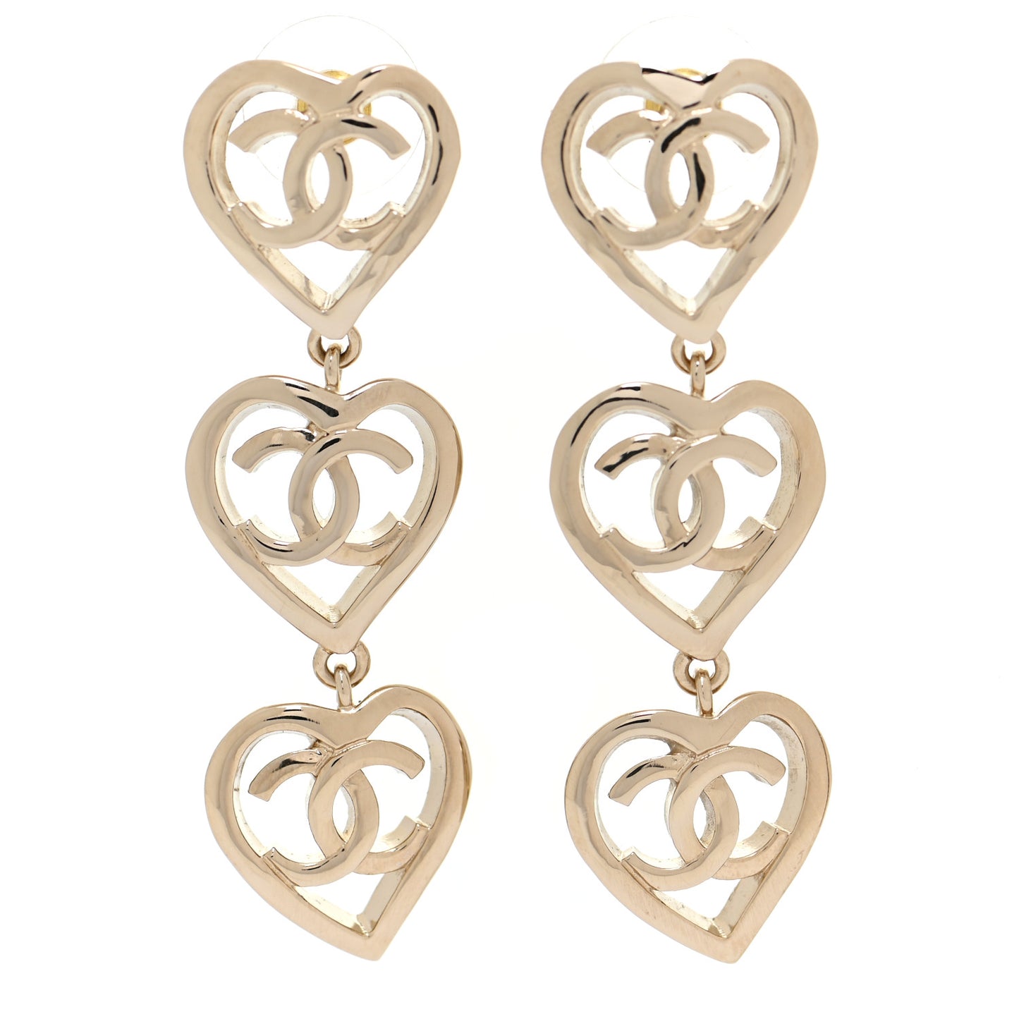Metal CC Triple Heart Coco In Love Drop Earrings Gold