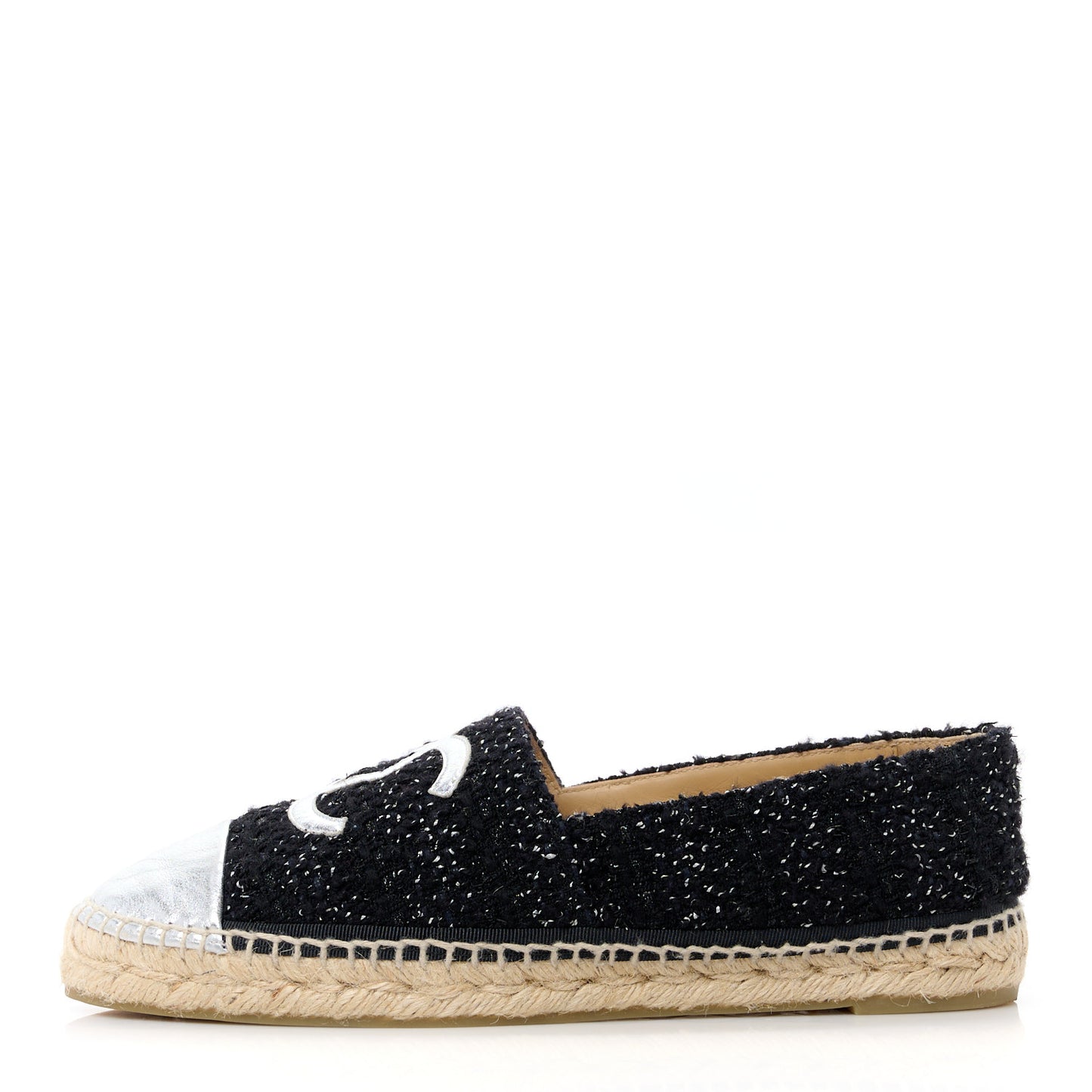 Metallic Lambskin Tweed CC Espadrilles 41 Black Silver