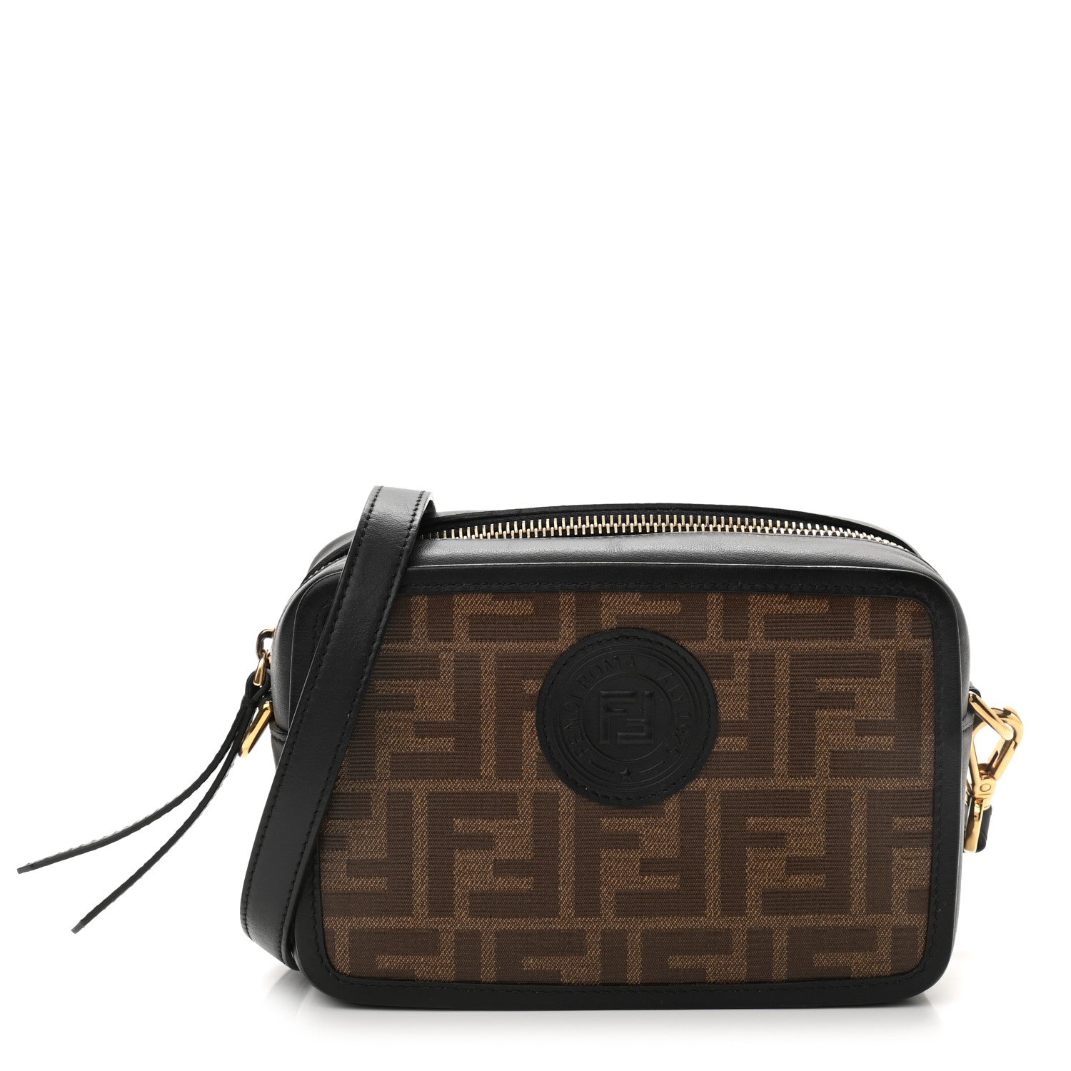 Fendi Glazed Fabric Vitello Century FF 1974 Stamp Patch Mini Camera Case Mogano Panna Black 1 of 11