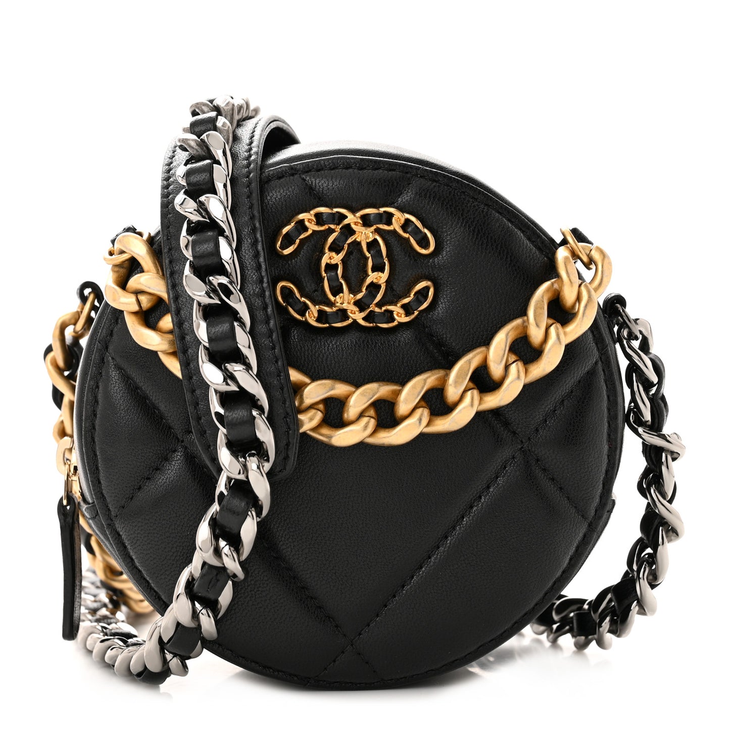 Lambskin Quilted Chanel 19 Round Clutch With Chain Black