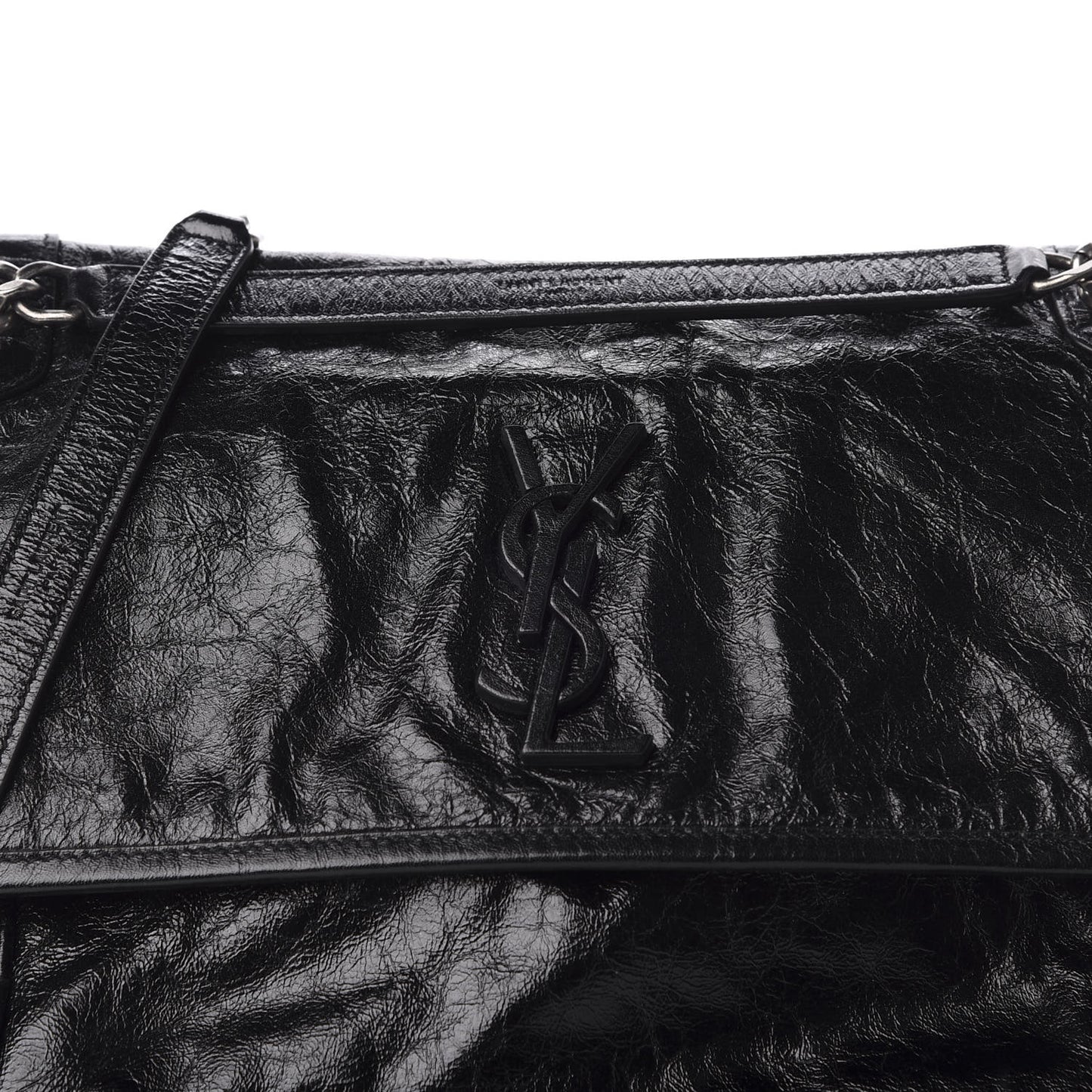 Crinkled Calfskin Matelasse Monogram Medium Niki Chain Satchel Black
